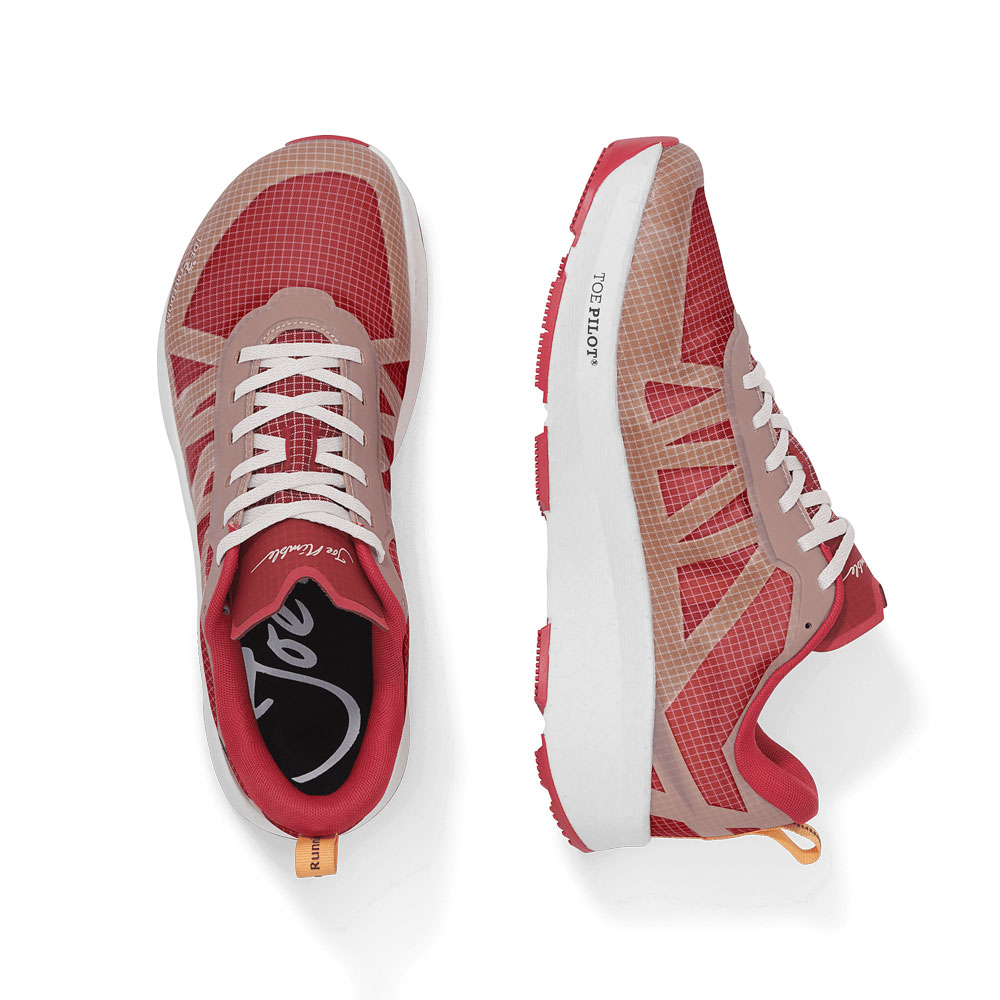 Der Joe Nimble Addict Pro-R Laufschuh – das Schuhpaar in Rot von oben und der Seite