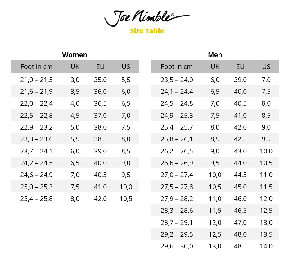 Size chart for Joe Nimble shoes for women and men with foot measurements and size recommendations